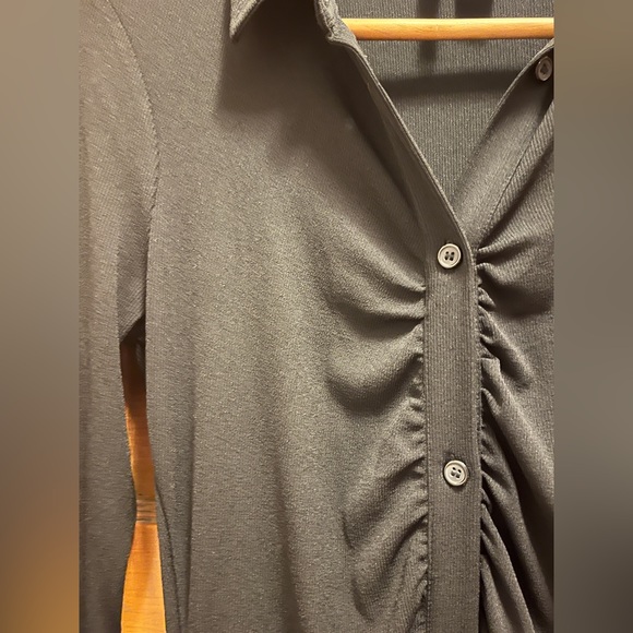 ZARA Sheska Black Stretch Dress Shirred Button Front V-neck Classic Longsleeve M - Picture 5 of 16